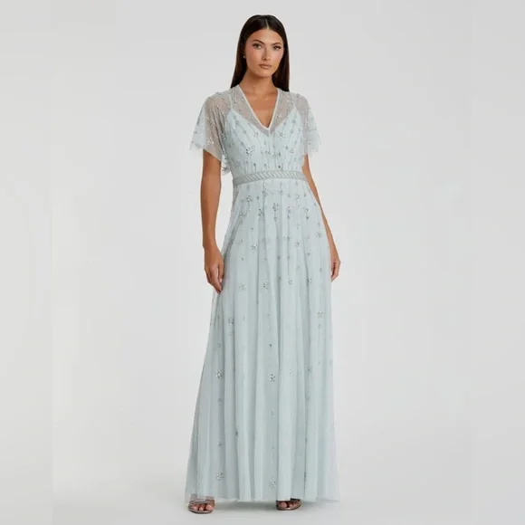 Mac Duggal | Dresses | Mac Duggalblue V Neck Embellished Flutter Sleeve A Line Gown | Poshmark Mac Duggal | Dresses | Mac Duggalblue V Neck Embellished Flutter Sleeve A Line Gown | Poshmark